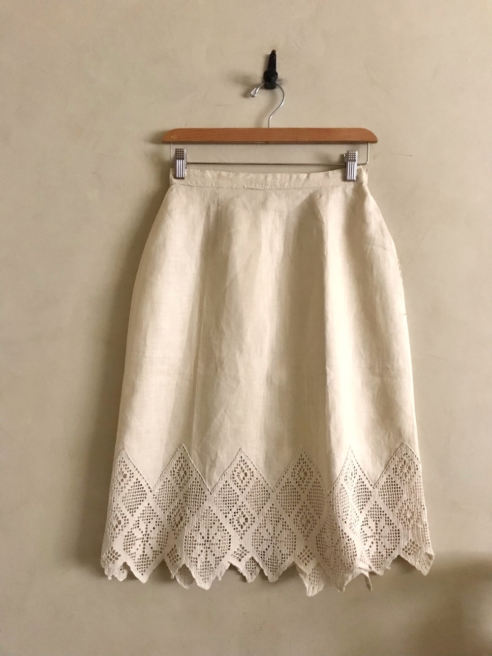 Vintage Linen Midi Skirt with Crochet Hem - Cream